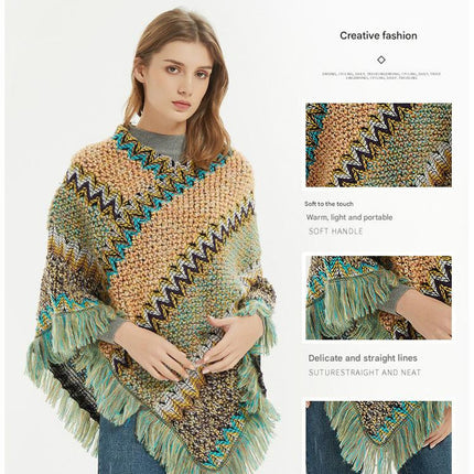 Navy blue Lightweight Chevron Knit Poncho for Women - Elegant Fringed Shawl Wrap