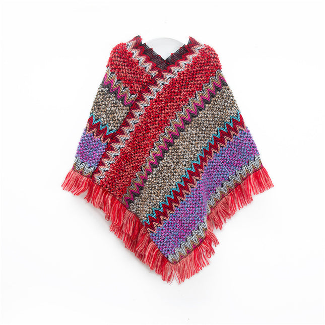 Red Lightweight Chevron Knit Poncho for Women