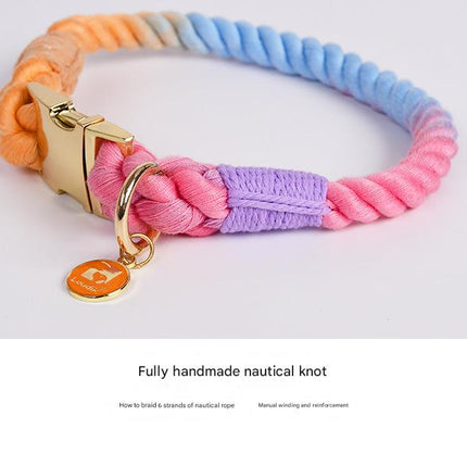 Handmade Gradient Rope Dog Collar & Leash Set - Colorful Braided Cotton (Pink purple - Size S)