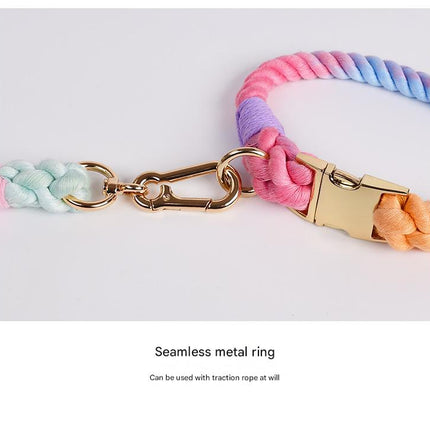 Handmade Gradient Rope Dog Collar & Leash Set - Colorful Braided Cotton (Pink purple - Size S)