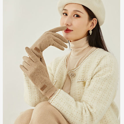 Beige Elegant Women's Wool Blend Winter Gloves - Cozy Fleece-Lined Touchscreen Warmth