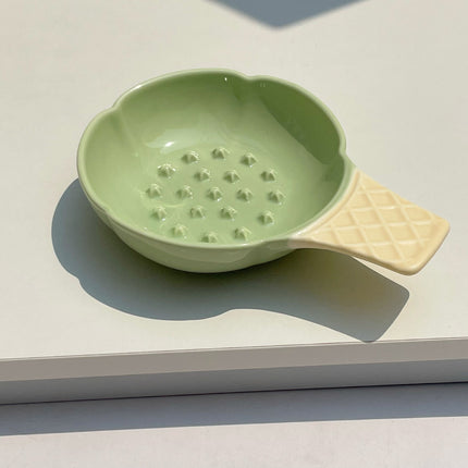 2 Pcs Green and Yellow Adorable Ice Cream Cone Ceramic Slow Feeder Pet Bowl - Fun Anti-Gulp Design for Cats & Dogs