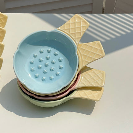 2 Pcs Green and Yellow Adorable Ice Cream Cone Ceramic Slow Feeder Pet Bowl - Fun Anti-Gulp Design for Cats & Dogs