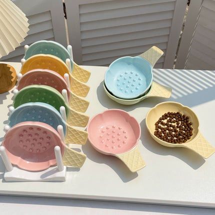 2 Pcs Green and Yellow Adorable Ice Cream Cone Ceramic Slow Feeder Pet Bowl - Fun Anti-Gulp Design for Cats & Dogs
