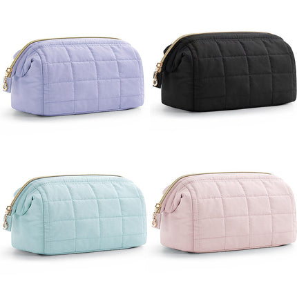 Beige Chic Quilted Puffer Makeup Bag - Large Capacity Travel Cosmetic Organizer with Wide Opening