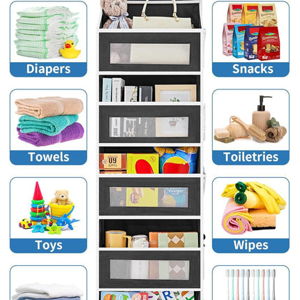 Grey Heavy Duty 5-Tier Over-The-Door Hanging Organizer - Space-Saving Storage with Clear Windows & Mesh Pockets