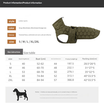 Size 2XL Olive Green Warm Quilted Dog Winter Coat - Adjustable Fleece-Lined Puffer Vest with Reflective Trim & Leash Port