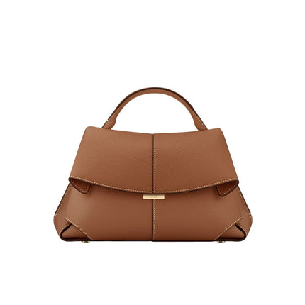 Brown Elegant Womens Genuine Cowhide Leather Top Handle Satchel - Chic Flap Crossbody Shoulder Bag