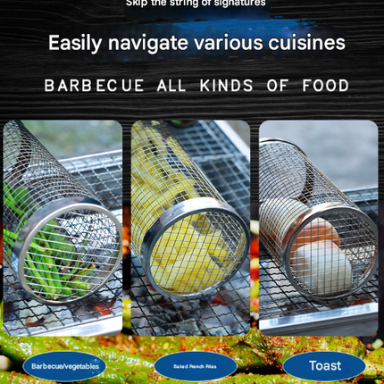 2 Pcs Size L Silver Rolling Stainless Steel BBQ Grill Basket - Cylindrical Grilling Cage for Veggies, Meats & More (304 Food-Grade)