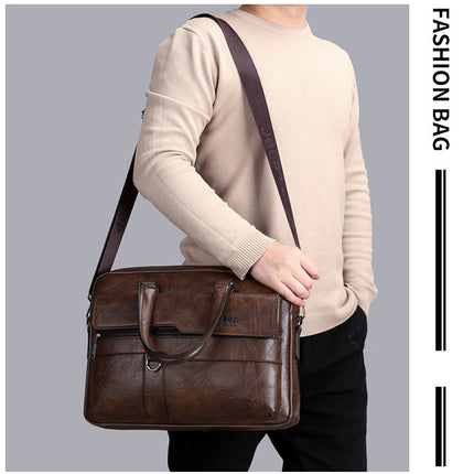 Coffee Men's PU Leather Briefcase - Vintage Style Laptop Messenger Bag, Crossbody Satchel for Business & Casual