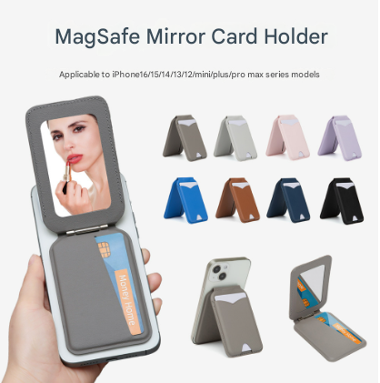 Light Grey Chic MagSafe Wallet with Mirror & Stand - PU Leather Card Holder for iPhone 12-16 Series