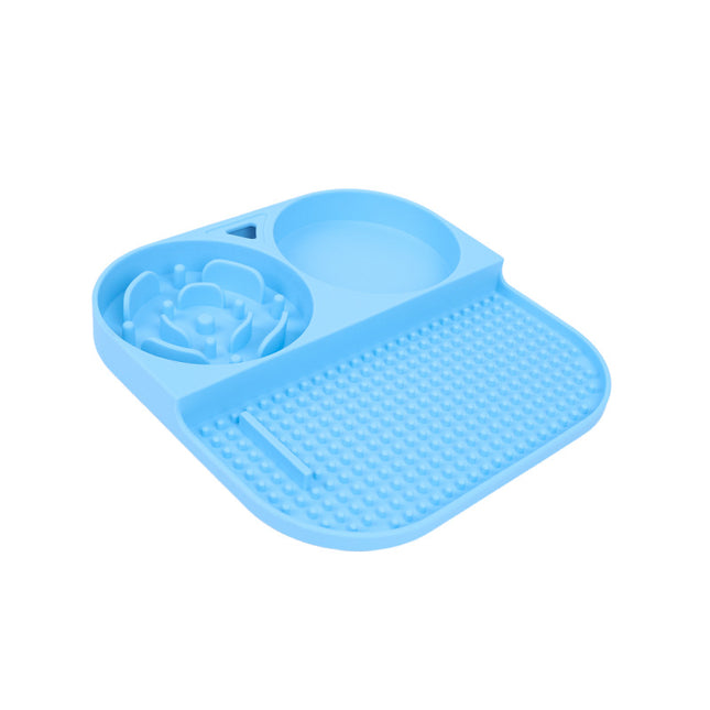 2 Pcs Blue 3-in-1 Silicone Pet Slow Feeder & Lick Mat with Water Bowl