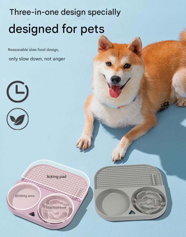 2 Pcs Blue 3-in-1 Silicone Pet Slow Feeder & Lick Mat with Water Bowl – product detail