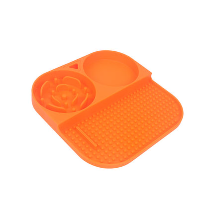 2 Pcs Orange 3-in-1 Silicone Pet Slow Feeder & Lick Mat with Water Bowl