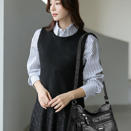 Black Women's Soft Washed PU Leather Crossbody Bag - Multi-Pocket Casual Shoulder Purse for Everyday Organization