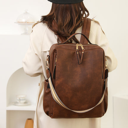 Beige Women's Vintage PU Leather Anti-Theft Backpack - Convertible Shoulder Bag & Laptop Rucksack for Travel & Daily Use
