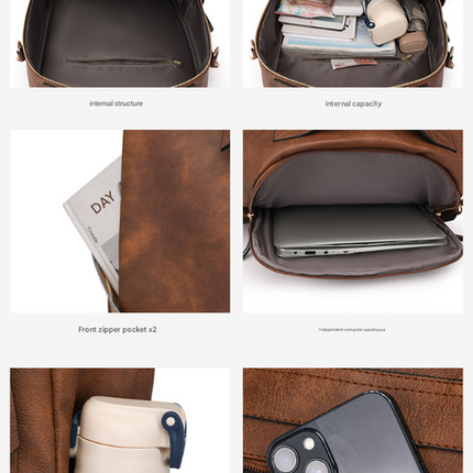Grey Women's Vintage PU Leather Anti-Theft Backpack - Convertible Shoulder Bag & Laptop Rucksack for Travel & Daily Use