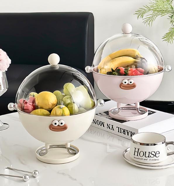 Beige Whimsical Covered Fruit Bowl with Flip Lid & Drainer – product detail