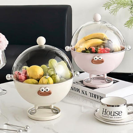 Red Whimsical Covered Fruit Bowl with Flip Lid & Drainer - Cute Design Snack & Candy Dish for Living Room