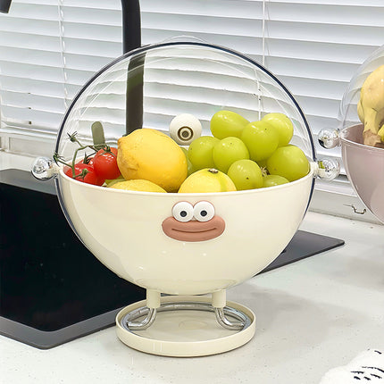 Red Whimsical Covered Fruit Bowl with Flip Lid & Drainer - Cute Design Snack & Candy Dish for Living Room