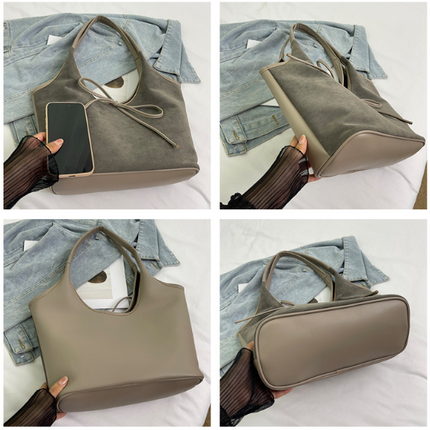 Grey Chic Retro Suede-Finish PU Leather Tote Bag - Large Capacity Shoulder Bag with Tie Accent