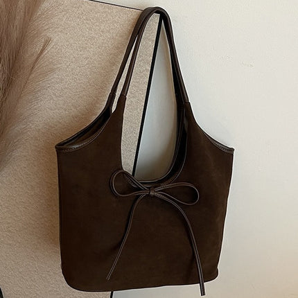 Coffee Chic Retro Suede-Finish PU Leather Tote Bag - Large Capacity Shoulder Bag with Tie Accent
