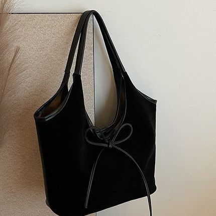 Black Chic Retro Suede-Finish PU Leather Tote Bag - Large Capacity Shoulder Bag with Tie Accent
