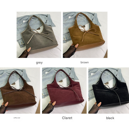 Black Chic Retro Suede-Finish PU Leather Tote Bag - Large Capacity Shoulder Bag with Tie Accent