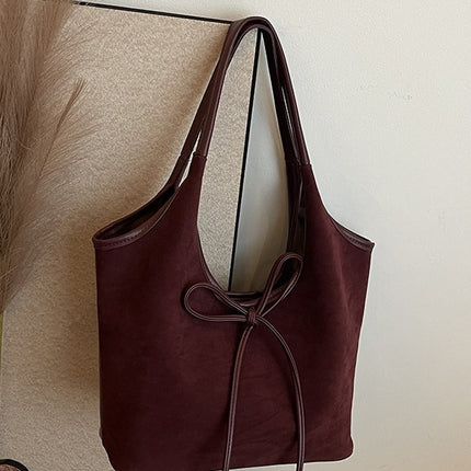 Claret Red Chic Retro Suede-Finish PU Leather Tote Bag - Large Capacity Shoulder Bag with Tie Accent