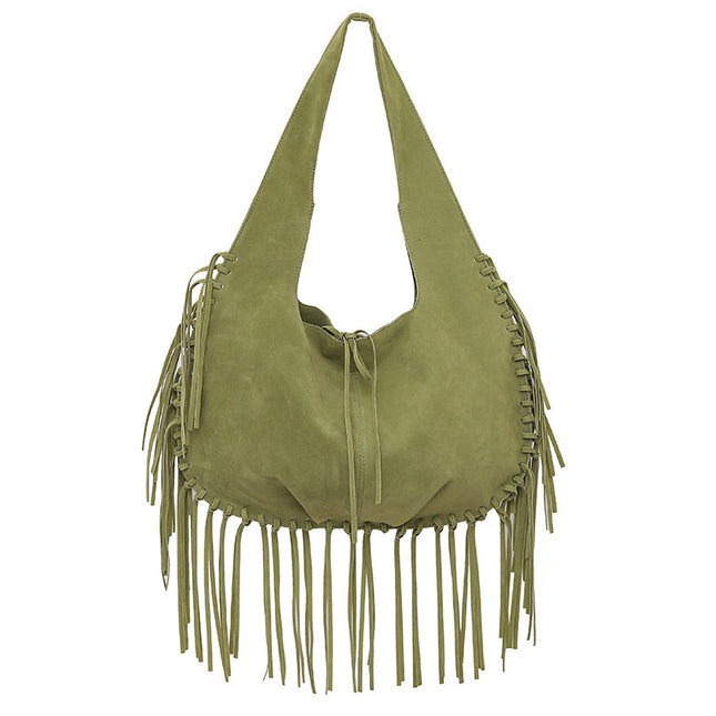 Green Boho Chic Fringed Hobo Bag