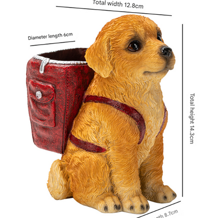 Blue Backpack Charming Golden Retriever Puppy Pen Holder - Resin Desktop Organizer & Decorative Figurine