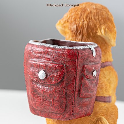 Red Backpack Charming Golden Retriever Puppy Pen Holder - Resin Desktop Organizer & Decorative Figurine