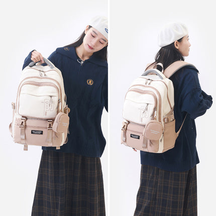 Brown and White Large Capacity Student Backpack - Durable Oxford Cloth School Bag with Laptop Compartment & Multiple Pockets
