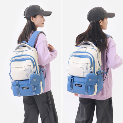 Blue and White Large Capacity Student Backpack - Durable Oxford Cloth School Bag with Laptop Compartment & Multiple Pockets