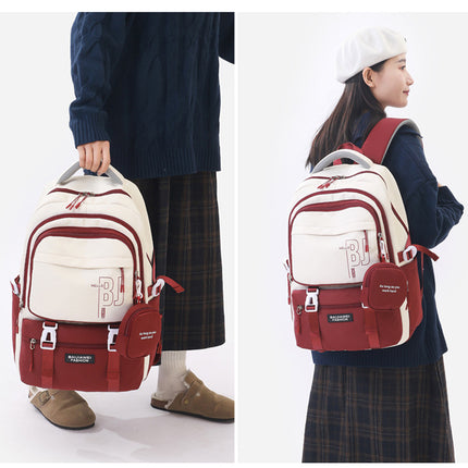 Red and White Large Capacity Student Backpack - Durable Oxford Cloth School Bag with Laptop Compartment & Multiple Pockets