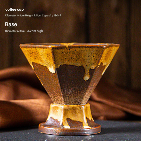 Brown and Gold Artistic Hexagonal Ceramic Coffee Cup & Stand Set
