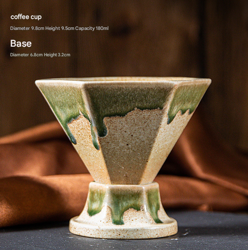Beige and Green Artistic Hexagonal Ceramic Coffee Cup & Stand Set