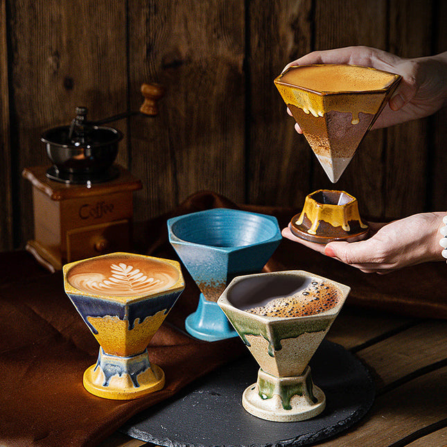 Beige and Green Artistic Hexagonal Ceramic Coffee Cup & Stand Set – product detail