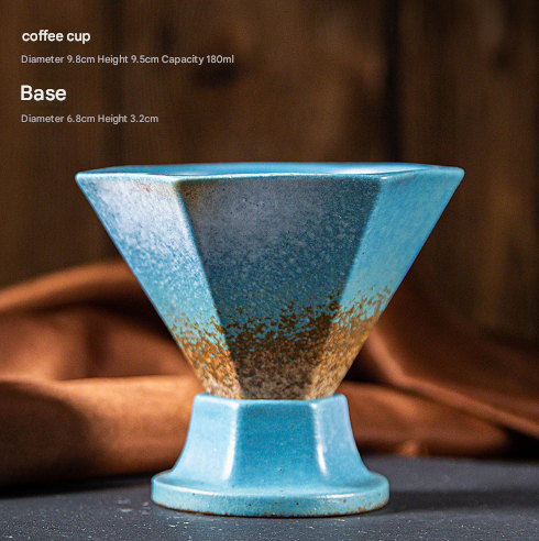 Blue and Brown Artistic Hexagonal Ceramic Coffee Cup & Stand Set