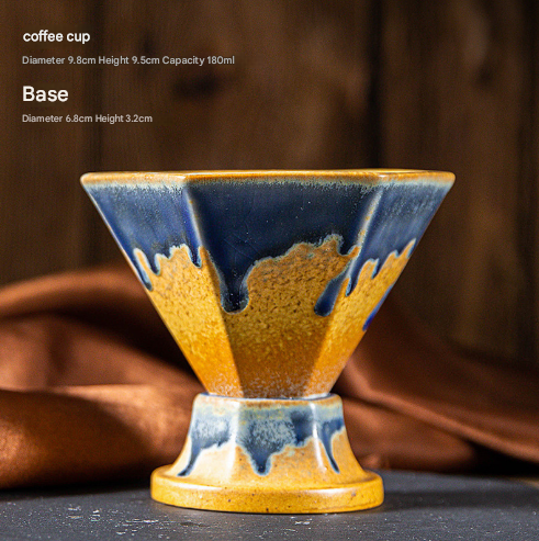 Blue and Gold Artistic Hexagonal Ceramic Coffee Cup & Stand Set
