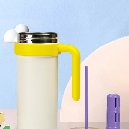Beige and Yellow 700ml Insulated Stainless Steel Tumbler with Handle Dual-Sip Lid Straw & Tea Infuser – product features
