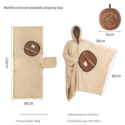 Khaki Cozy 4-in-1 Wearable Fleece Poncho Sleeping Bag - Multifunctional Camping Blanket with Detachable Hood