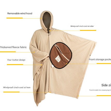 Khaki Cozy 4-in-1 Wearable Fleece Poncho Sleeping Bag - Multifunctional Camping Blanket with Detachable Hood