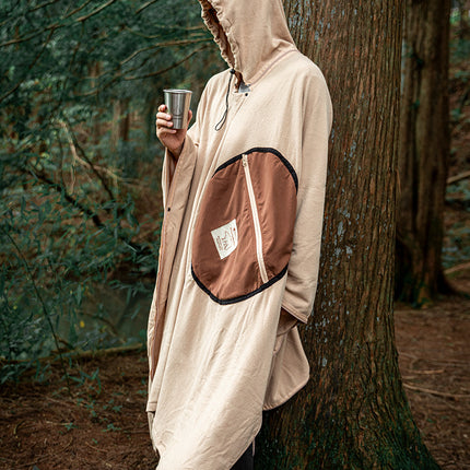 Khaki Cozy 4-in-1 Wearable Fleece Poncho Sleeping Bag - Multifunctional Camping Blanket with Detachable Hood