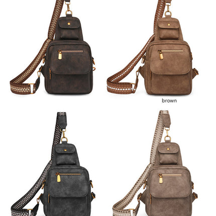 Coffee Stylish PU Leather Sling Crossbody Bag for Women - Multi-Pocket Chest Pack with Adjustable Wide Strap