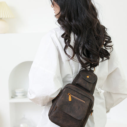 Coffee Stylish PU Leather Sling Crossbody Bag for Women - Multi-Pocket Chest Pack with Adjustable Wide Strap