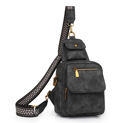 Black Stylish PU Leather Sling Crossbody Bag for Women - Multi-Pocket Chest Pack with Adjustable Wide Strap