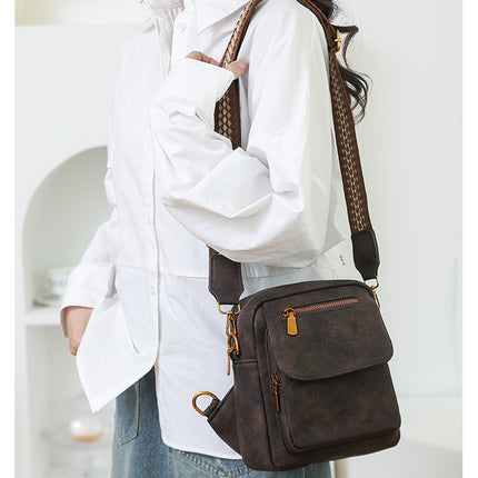 Brown Stylish PU Leather Sling Crossbody Bag for Women - Multi-Pocket Chest Pack with Adjustable Wide Strap