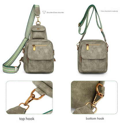 Khaki Stylish PU Leather Sling Crossbody Bag for Women - Multi-Pocket Chest Pack with Adjustable Wide Strap