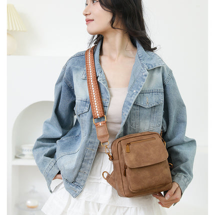 Khaki Stylish PU Leather Sling Crossbody Bag for Women - Multi-Pocket Chest Pack with Adjustable Wide Strap